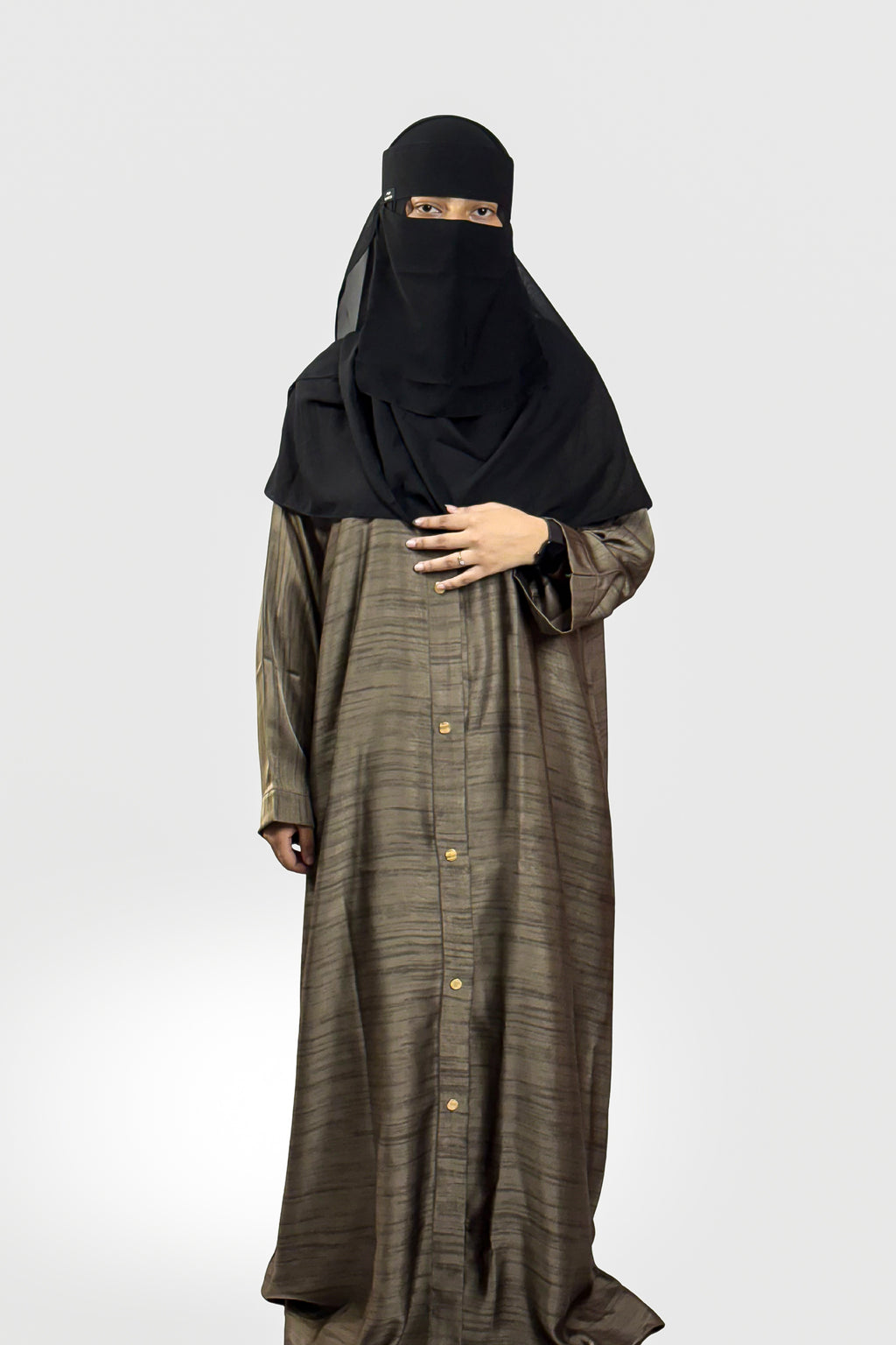 Premium Brown Textured Abaya – Free Size | Soft Tiktok Fabric | Front Button Closure