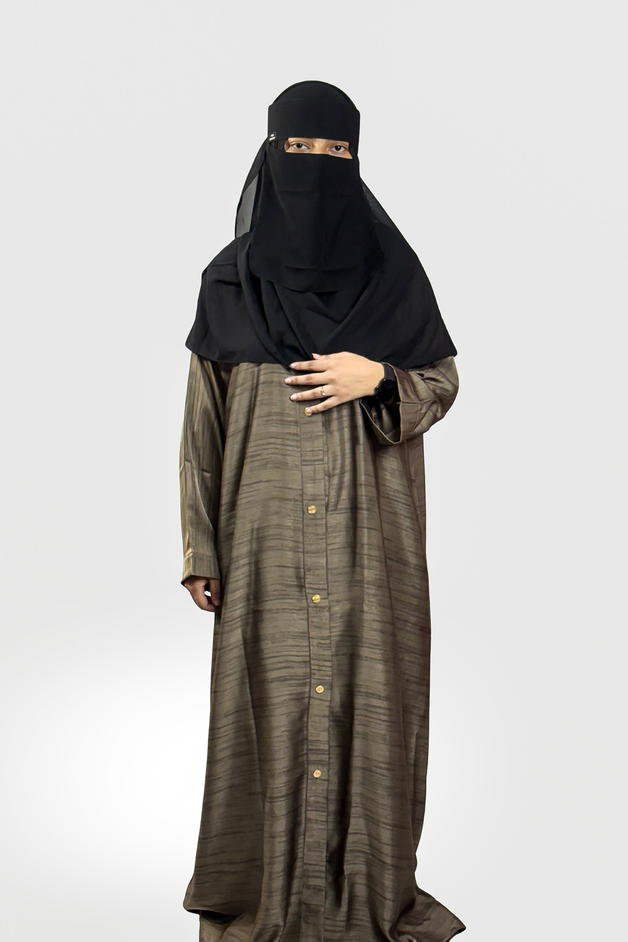 Premium Brown Textured Abaya – Free Size | Soft Tiktok Fabric | Front Button Closure