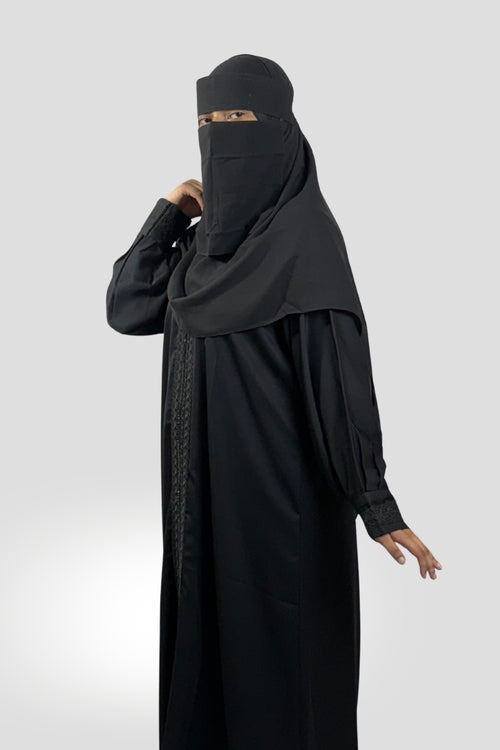 Classic Black Embroidered Abaya – Free Size | Premium Tiktok Fabric | Elegant Modest Wear