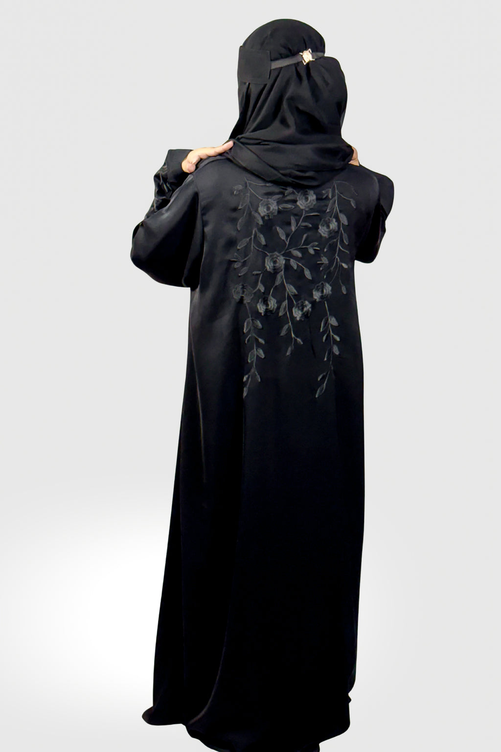 Elegant Black Abaya with Floral Embroidery – Free Size | Premium Fabric | Modest Wear