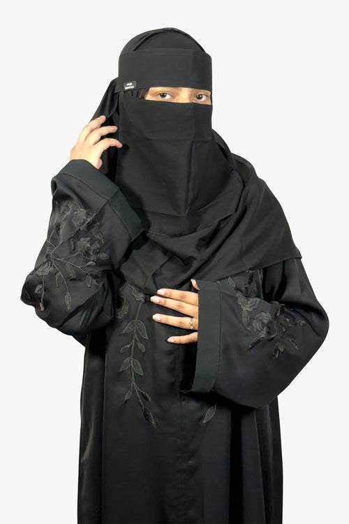 Elegant Black Abaya with Floral Embroidery – Free Size | Premium Fabric | Modest Wear