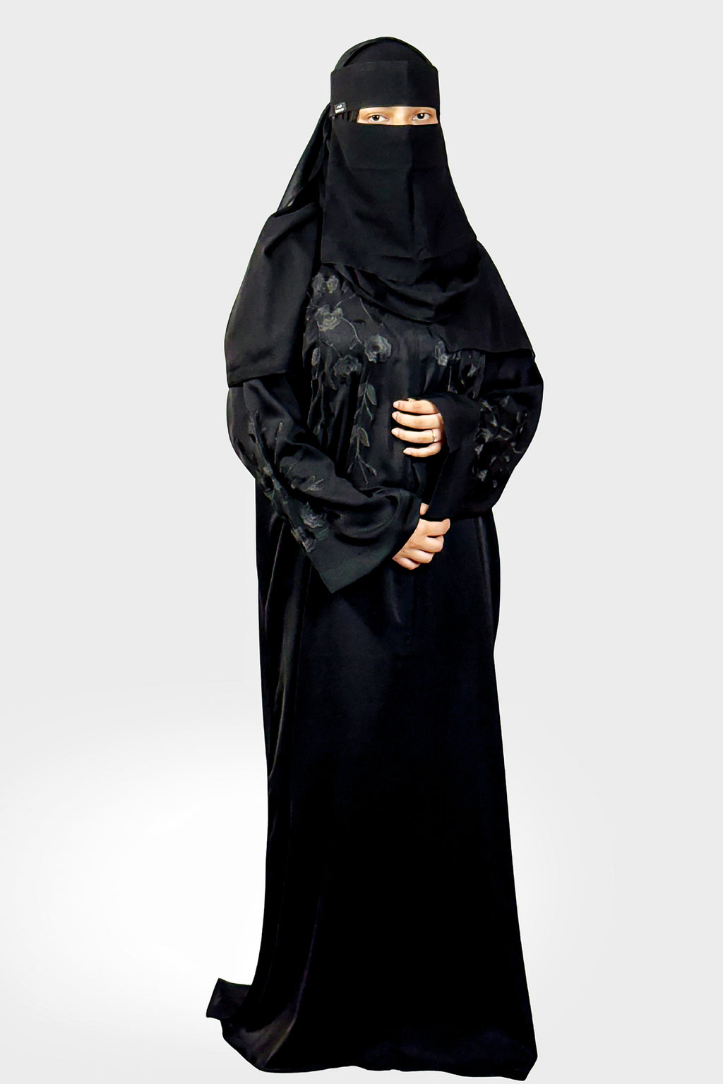 Elegant Black Abaya with Floral Embroidery – Free Size | Premium Fabric | Modest Wear