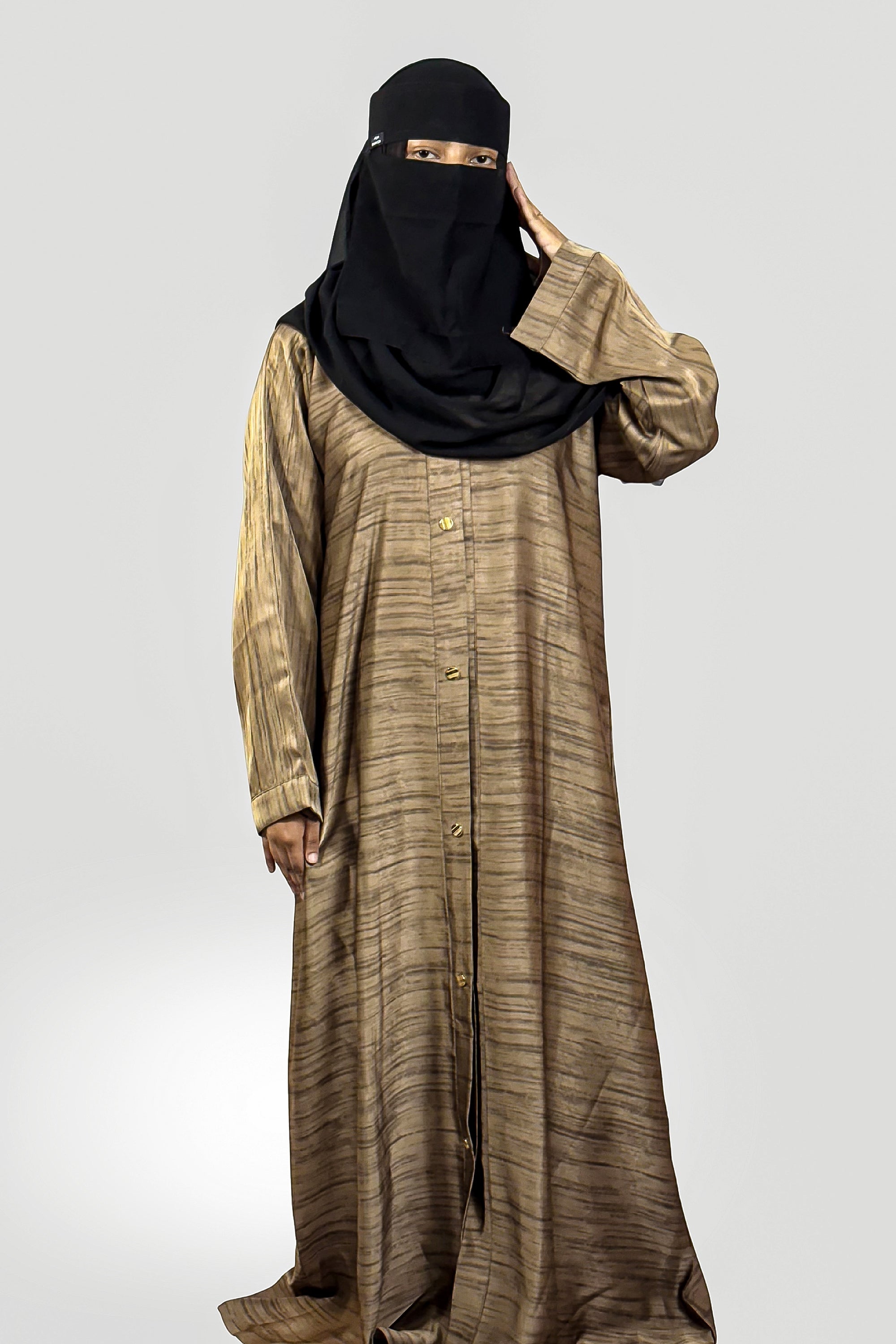 Premium Brown Textured Abaya – Free Size | Soft Tiktok Fabric | Front Button Closure