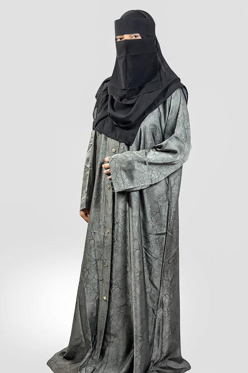 Elegant Grey Printed Abaya – Free Size | Soft Tiktok Fabric | Front Button Closure