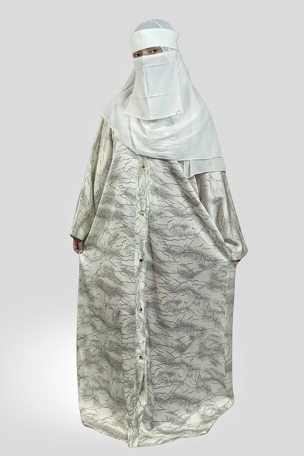 Premium Grey Textured Abaya – Free Size | Soft Tiktok Fabric | Front Button Closure