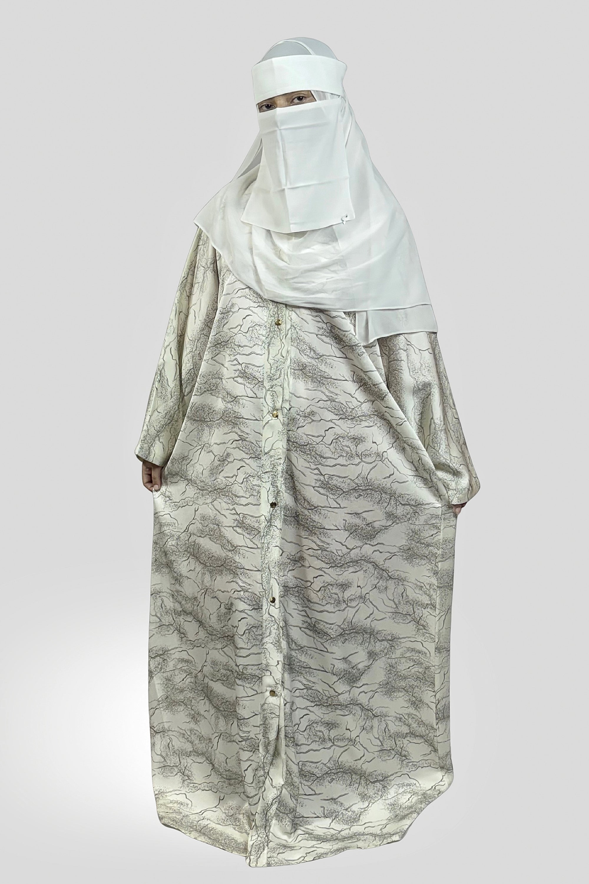Premium Grey Textured Abaya – Free Size | Soft Tiktok Fabric | Front Button Closure