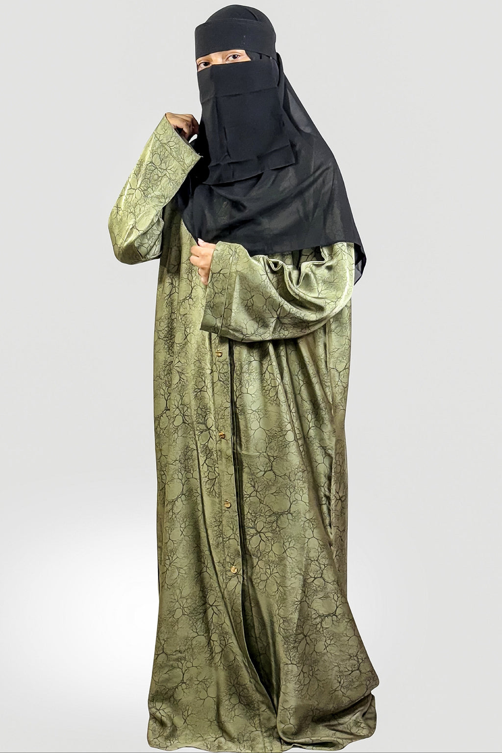 Premium Olive Green Printed Abaya – Free Size | Soft Tiktok Fabric | Front Button Style