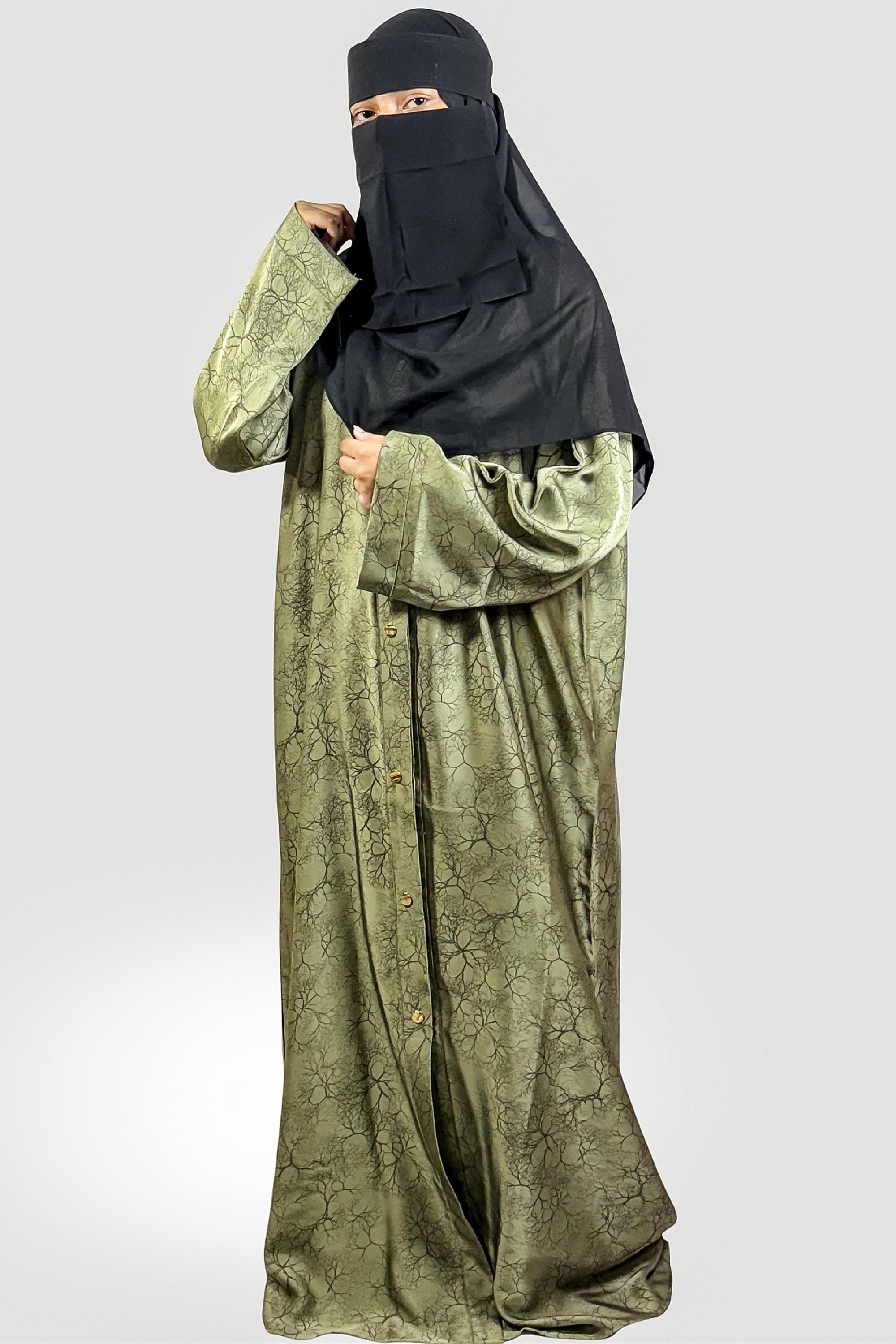 Premium Olive Green Printed Abaya – Free Size | Soft Tiktok Fabric | Front Button Style