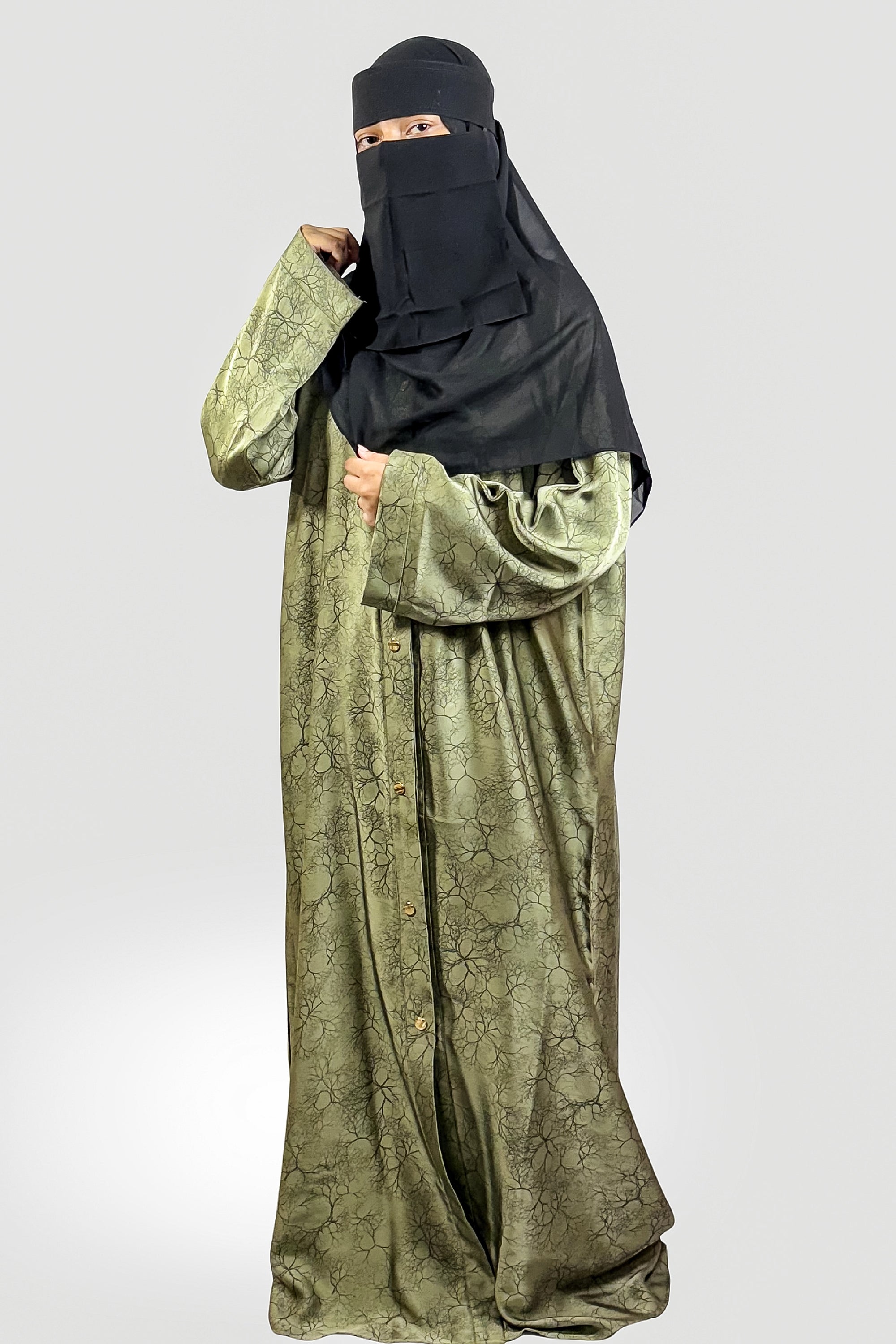 Premium Olive Green Printed Abaya – Free Size | Soft Tiktok Fabric | Front Button Style